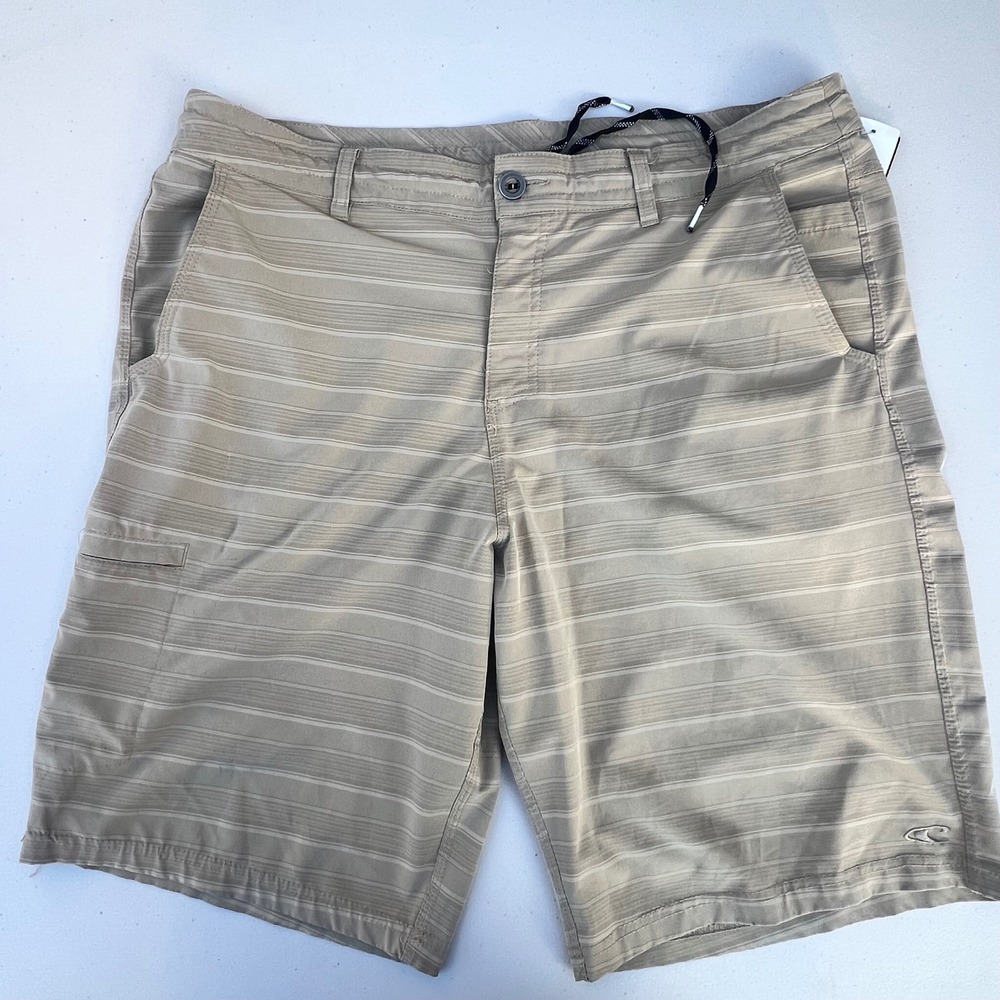 O'Neill Mens Hybrid Shorts Khaki Tan Striped Boardshorts Walk Shorts 34